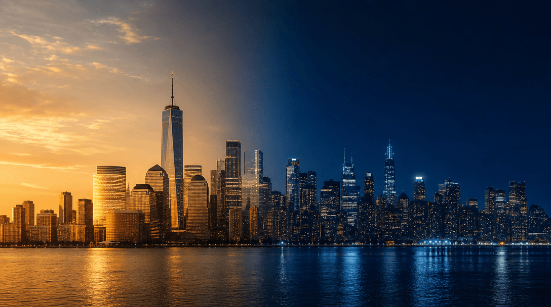 Abstract split-frame editorial image of the same city skyline divided vertically — left half bathed in warm afternoon go