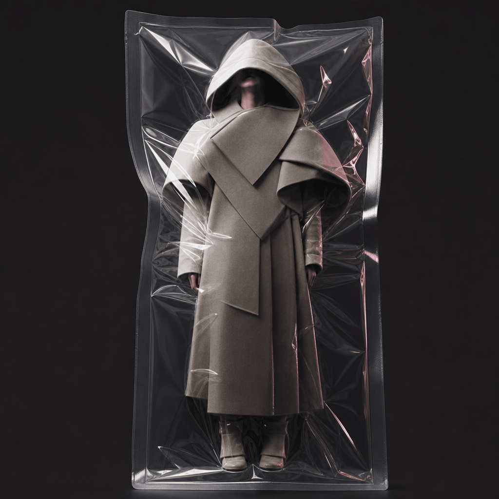An anonymous avant-garde model wearing sculptural neutral clothing inside a pristine vacuum-sealed display package. The 