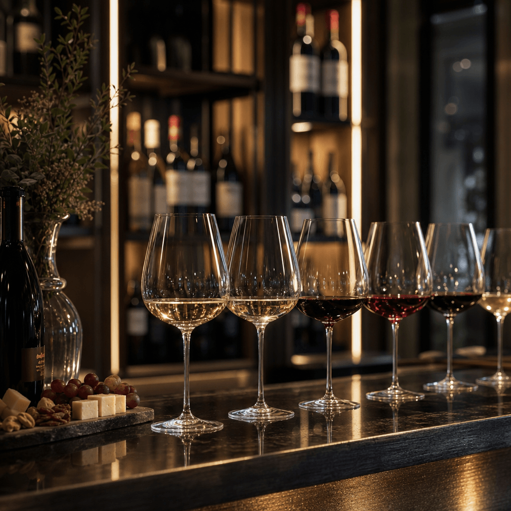 Upscale wine tasting environment. Wine glasses arranged on dark bar counter with soft accent lighting, warm moody atmosp