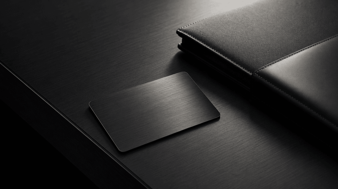Close-up of a refined dark desk surface with clean sharp edges — brushed matte black texture. A premium hotel room key c