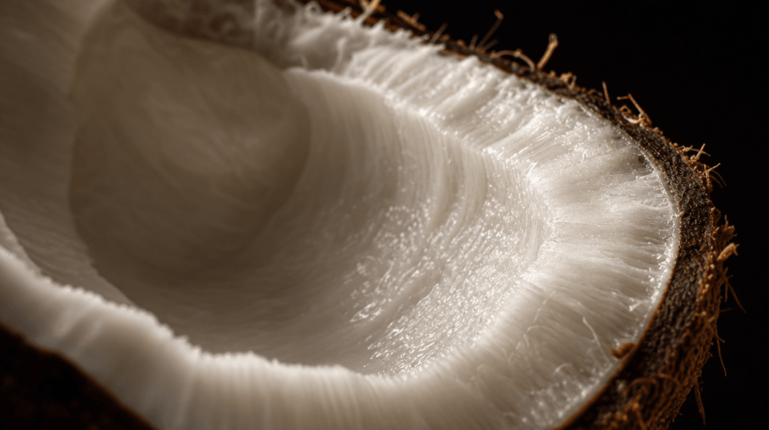 Extreme macro close-up of the interior of a fresh coconut half — dense white fibrous flesh, glistening with natural mois