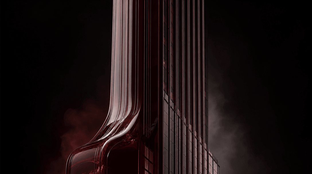 Abstract architectural study of deep burgundy bottle glass merging into a precise skyscraper facade, sharp vertical ribs