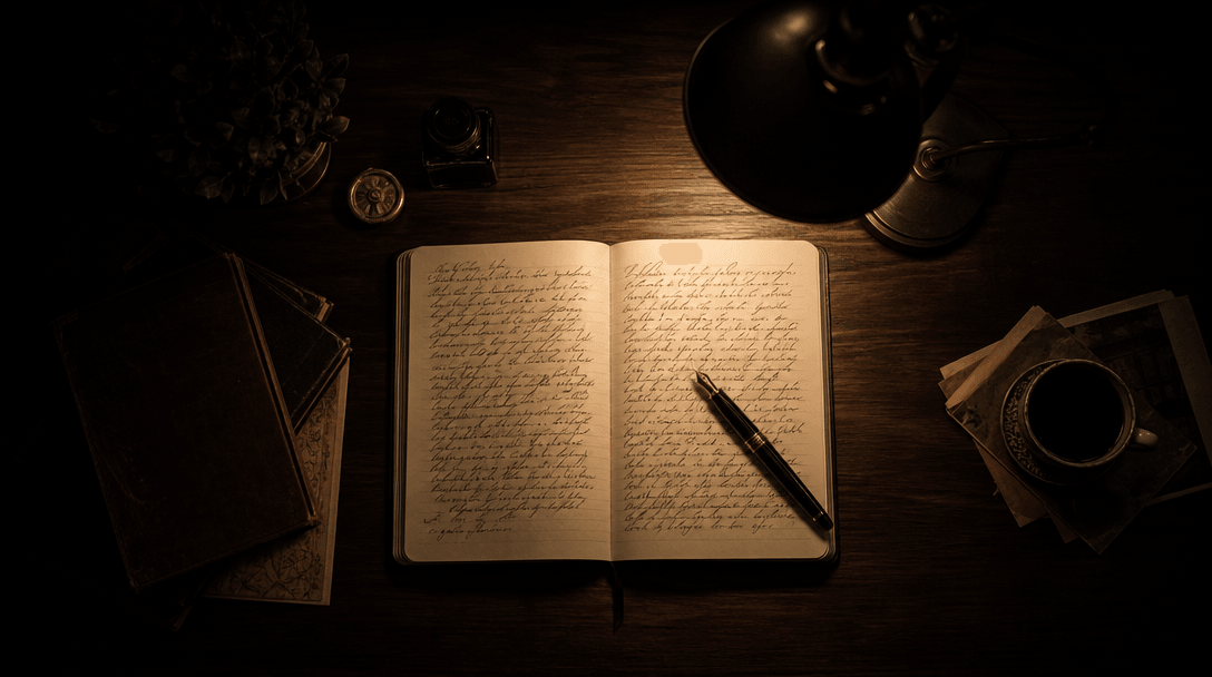 Open notebook with handwritten script lines on a dark walnut desk, single dramatic overhead lamp casting a warm pool of 