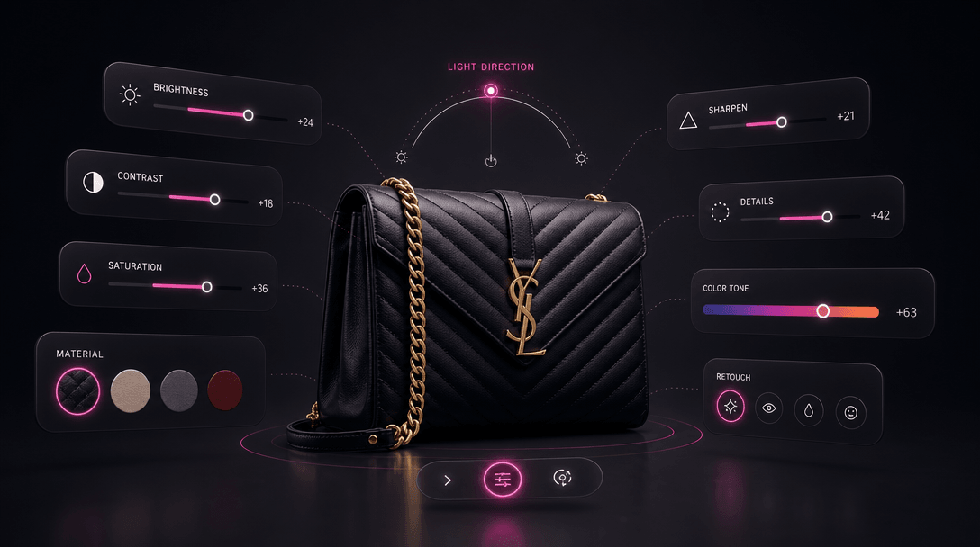 Floating customization controls above luxury product image — abstract parameter sliders and adjustment indicators materi