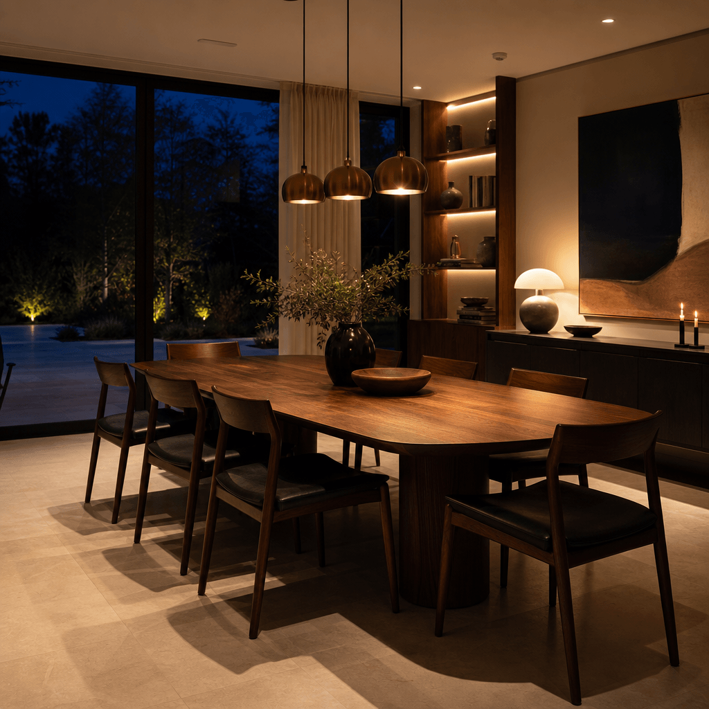 A contemporary home dining room transformed to evening mode. Warm pendant lights over a walnut table, chairs casting lon
