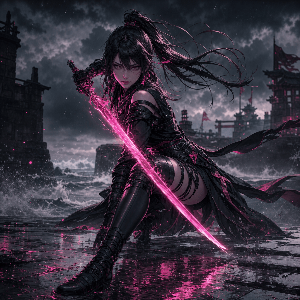 An original female anime fighter in a storm-darkened coastal battlefield, athletic stance, layered black battle clothing