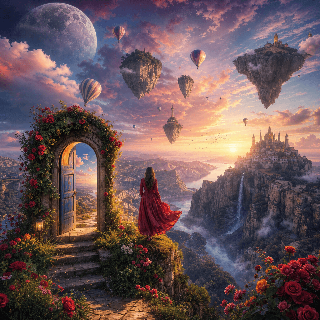 A surreal artistic interpretation of a landscape photo transformed into a dreamlike scene with floating elements and vib