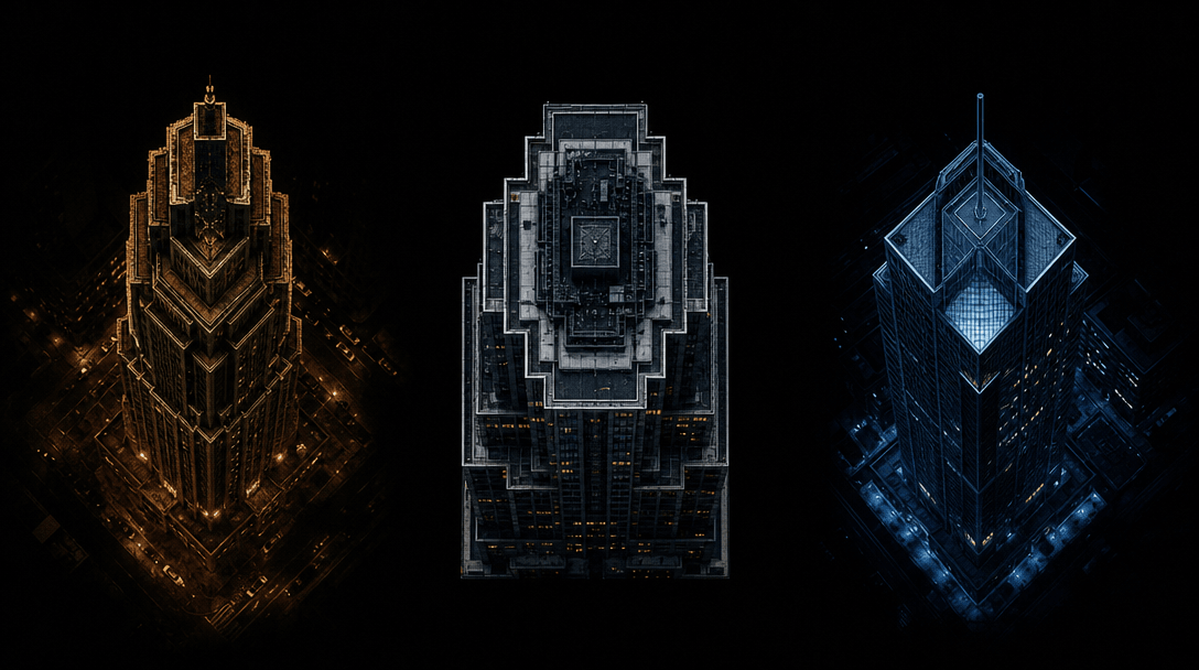 Three aerial building silhouettes arranged side by side against a deep dark background near black, each rendered in a su