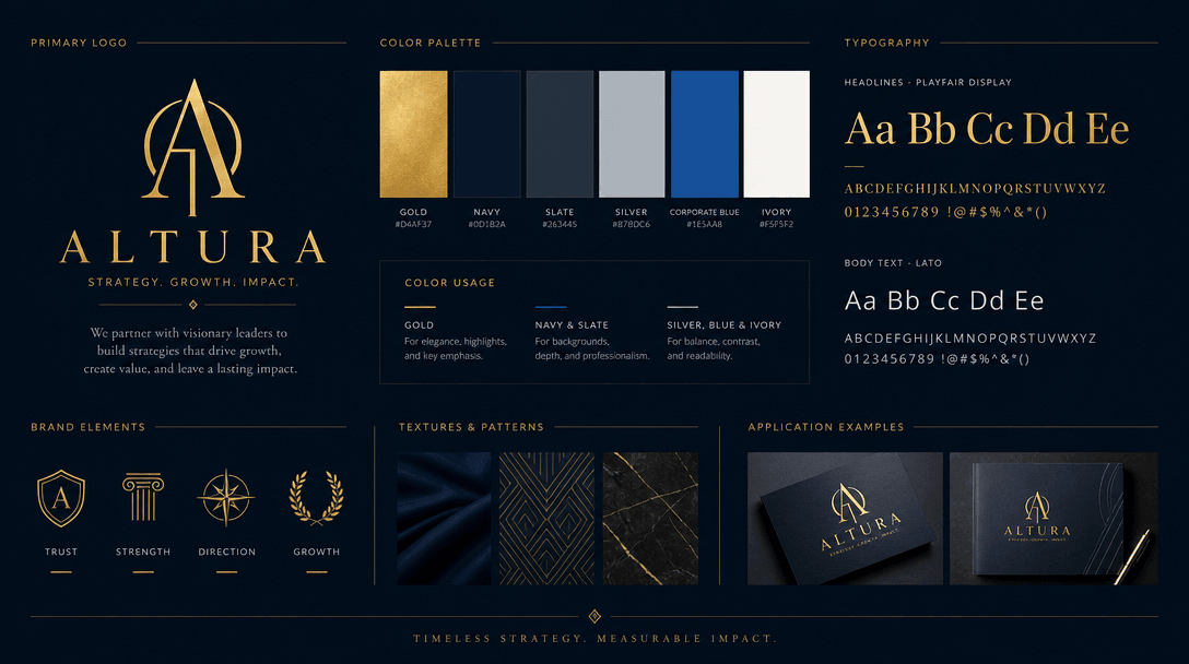 Brand identity visual - color palette swatches with gold, navy, and corporate accents, typography samples, professional 