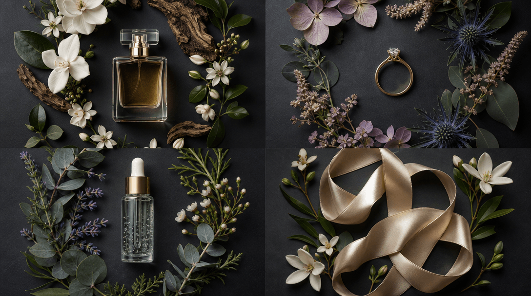 Editorial flatlay grid: four small premium products — a perfume bottle, a ring, a glass serum vial, a silk ribbon — each
