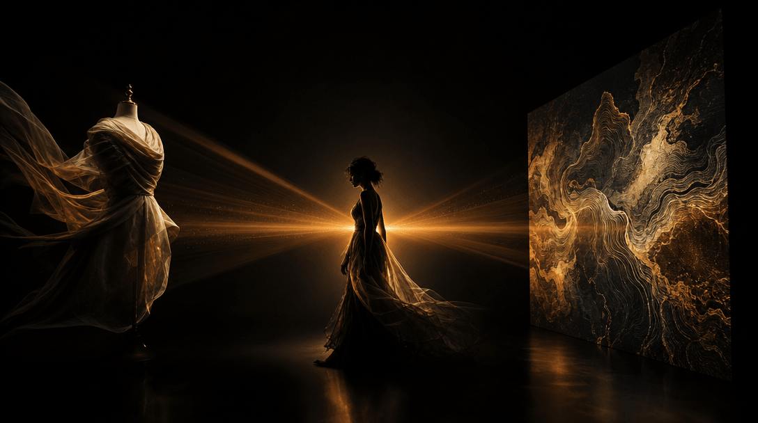 Cinematic wide-angle dark studio shot: three fashion elements — a draped garment form, a softly lit model silhouette, an