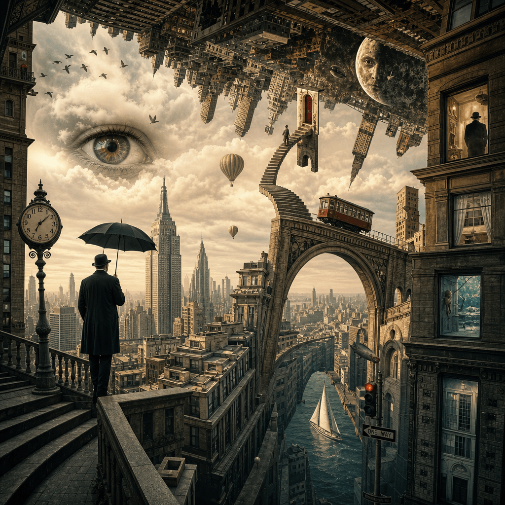 A surreal artistic visualization of a cityscape, blending reality with fantasy. The image features distorted perspective