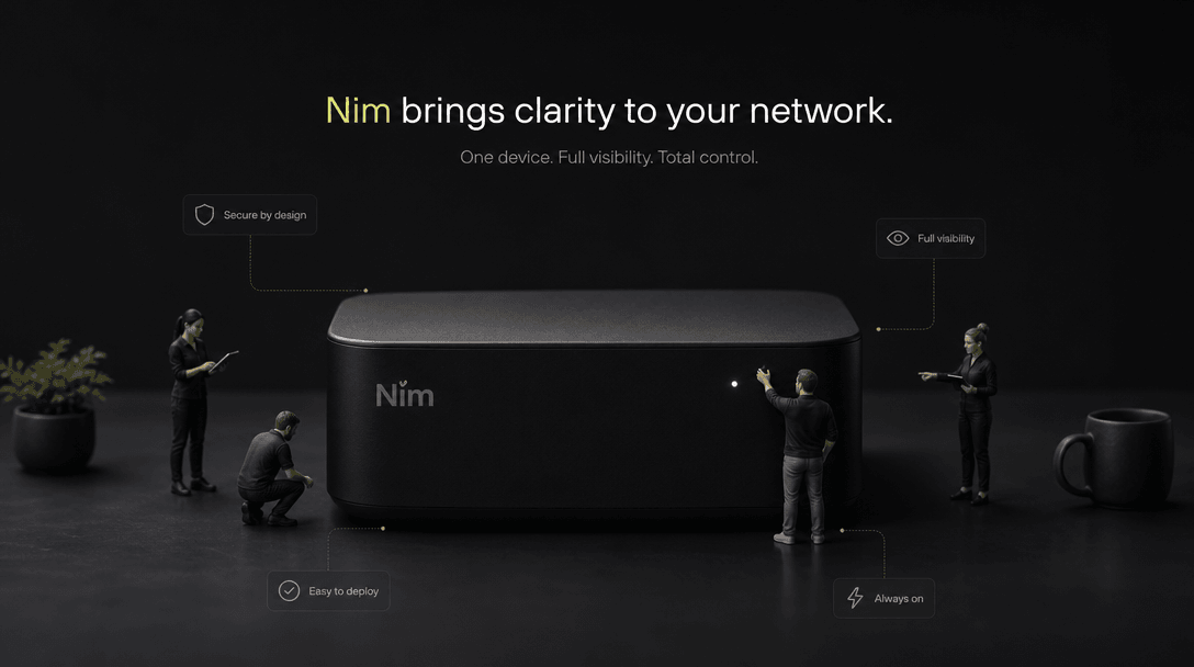 Product shot with miniature team figures appearing and positioning themselves, Nim brand subtle dark interface hints, pr