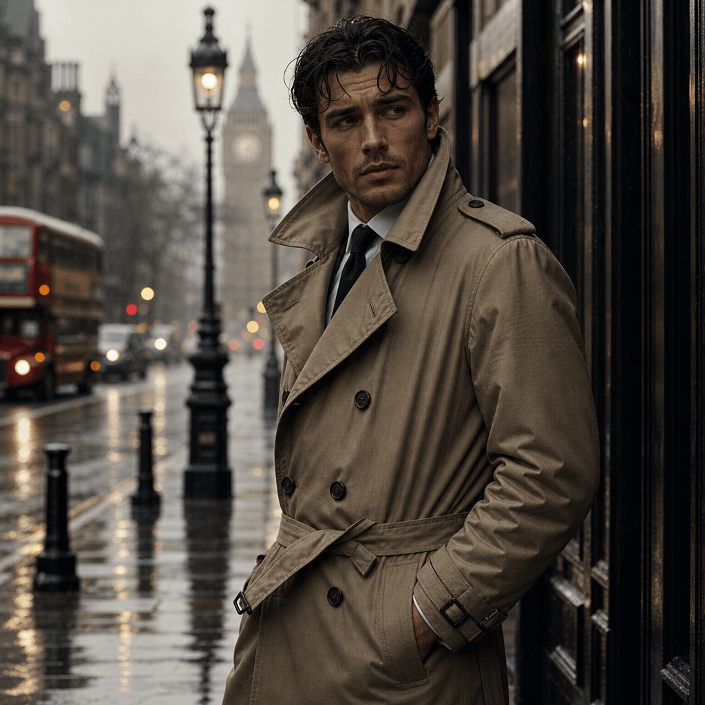 A high-resolution portrait of a model in a trench coat, standing confidently in a rainy street, capturing the essence of