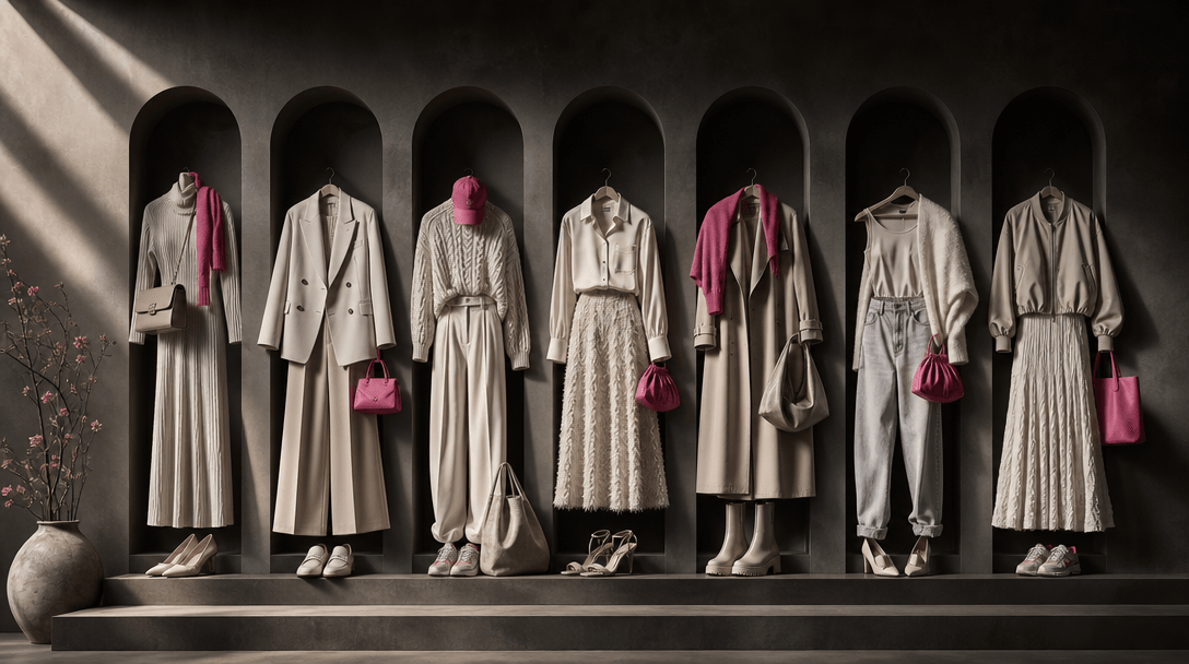 Seven coordinated outfit silhouettes represented by garments and accessories arranged rhythmically across a dark archite