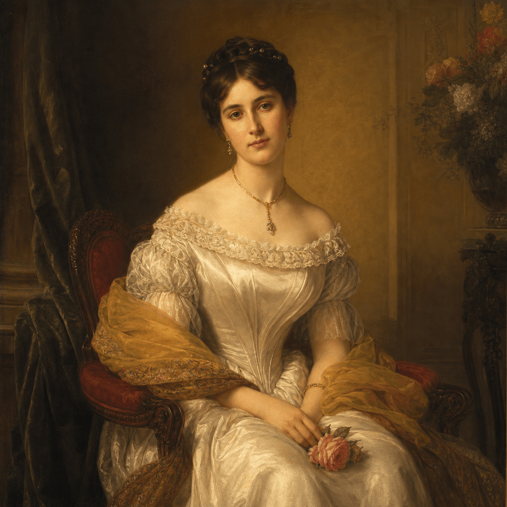 19th century style portrait with soft glazed oil texture, warm golden lighting, careful composition, classical painting 