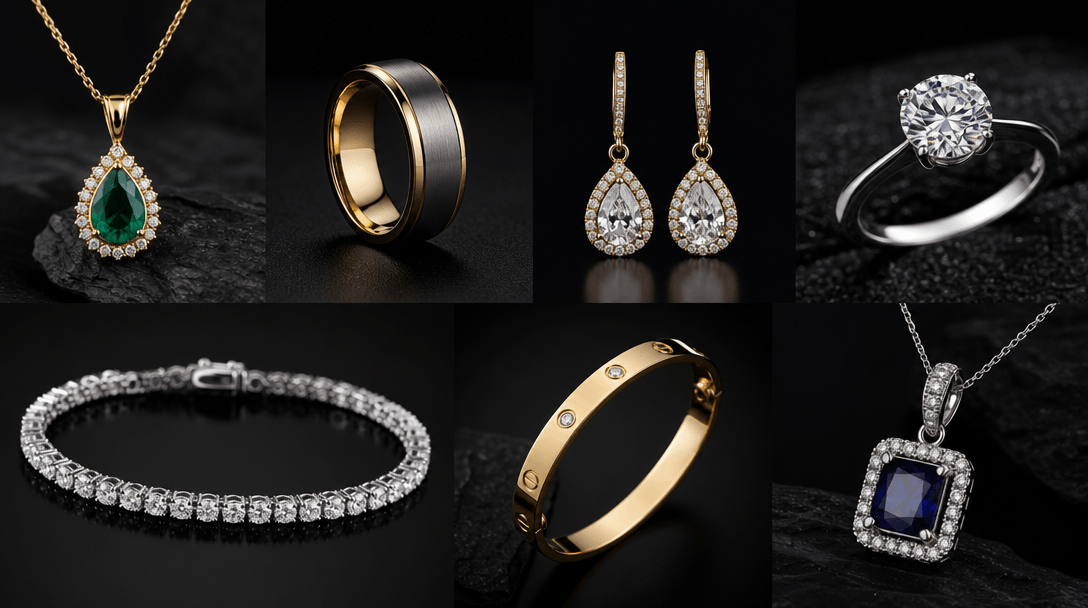 Multiple jewelry styles displayed with professional lighting, dark background, premium commercial product aesthetics.
