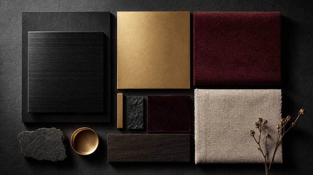 A curated editorial grid of premium material swatches — brushed obsidian, matte gold, deep burgundy velvet, raw unbleach