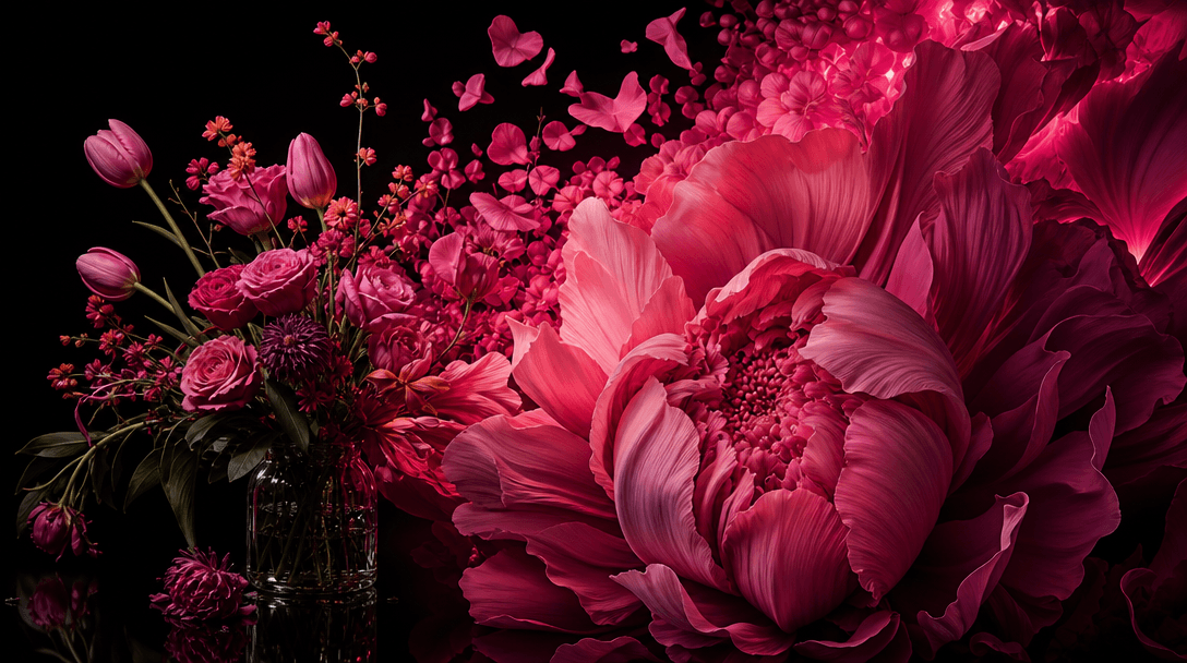 A carefully arranged botanical set showing one polished photograph-like scene transitioning into a dense field of sculpt