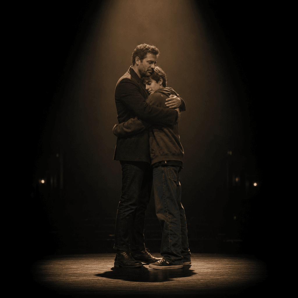 A mature adult embracing their teenage self on an empty theater stage, single warm spotlight surrounded by darkness, cin