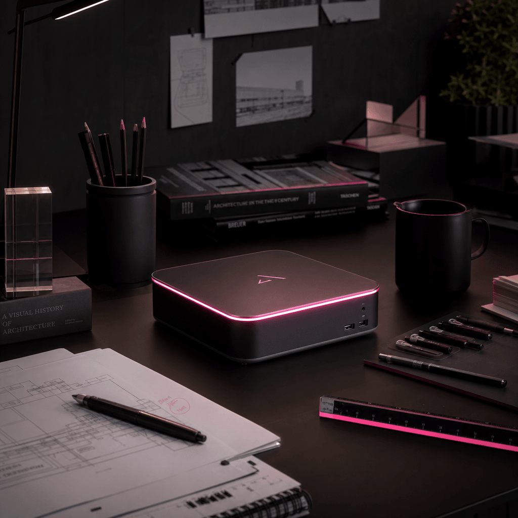 A sleek productivity device on a precise architectural desk, surrounded by organized creative tools and subtle signs of 