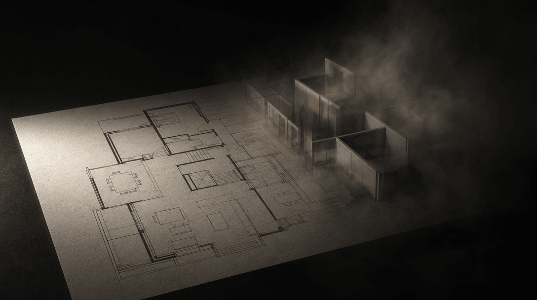 Abstract editorial composition: a 2D architectural floor plan printed on heavy uncoated drafting paper, lit by a single 