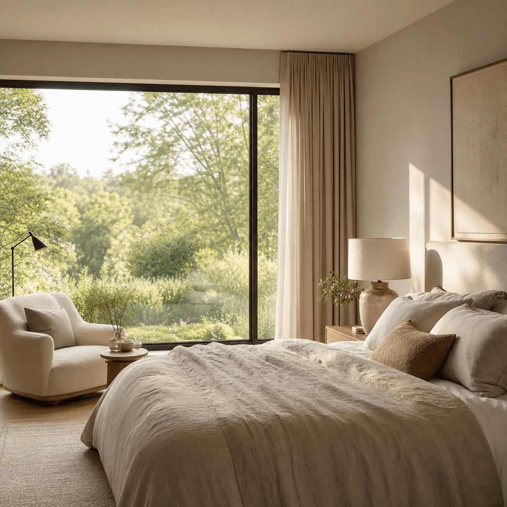Realistic interior visualization: a serene master bedroom with soft diffused morning light, neutral linen bedding, and a