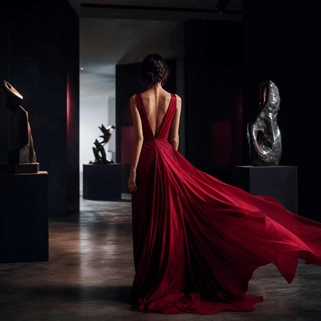 An anonymous person in a flowing crimson evening dress standing inside a shadowy modern gallery, fabric catching a gentl