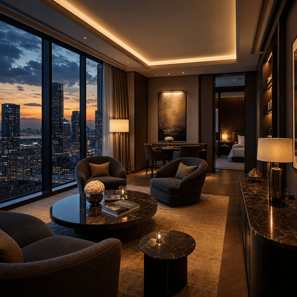 Luxury hotel suite sitting area with floor-to-ceiling windows revealing a city skyline at dusk. Deep charcoal and warm a