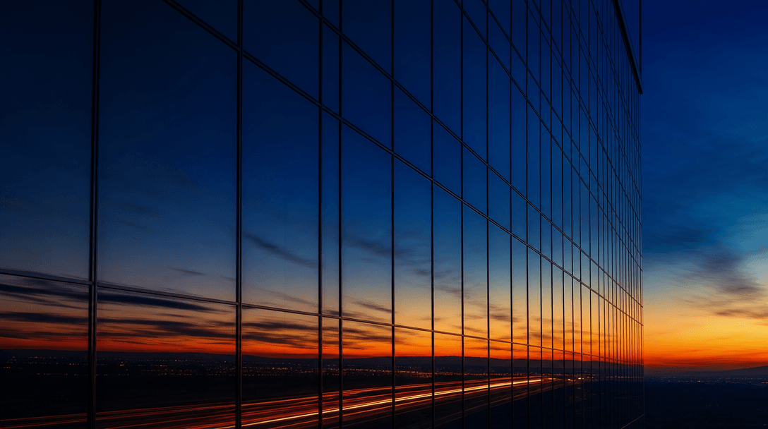 Abstract: floor-to-ceiling glass facade panel reflecting a sky gradient shifting from warm amber at the base to deep cob
