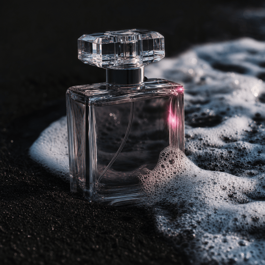 A clear perfume bottle half surrounded by delicate sea foam on black volcanic sand, cinematic low-angle lighting, dark e