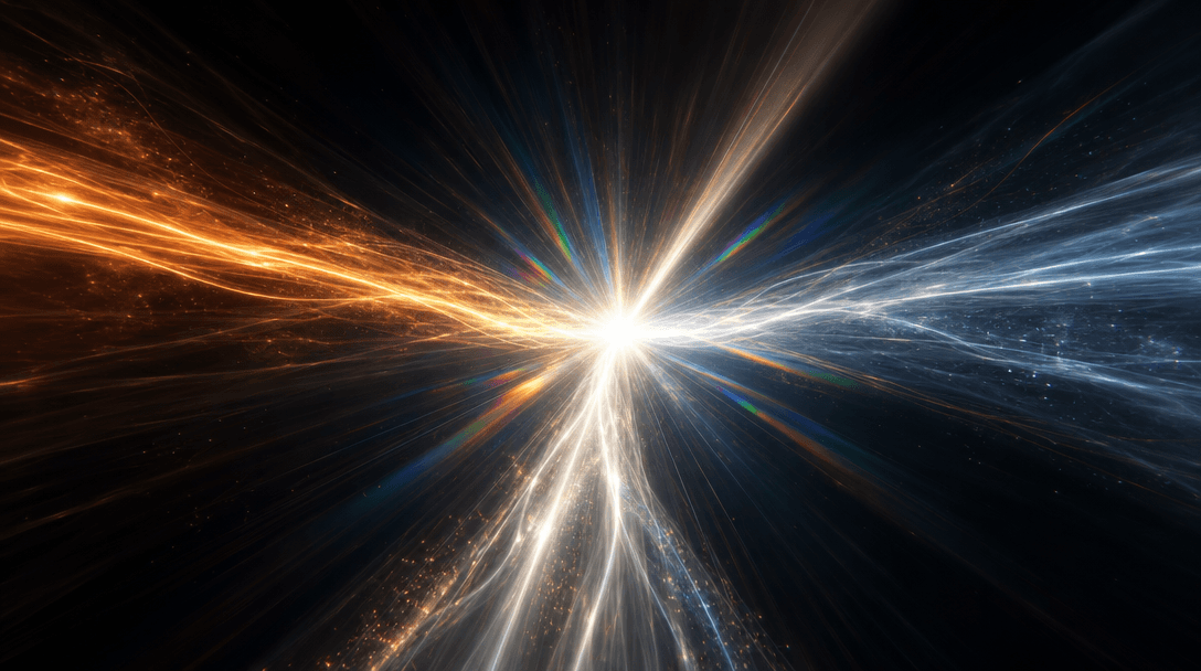 Abstract: three distinct streams of light — warm amber, cool silver, and soft white — traveling across a deep dark field