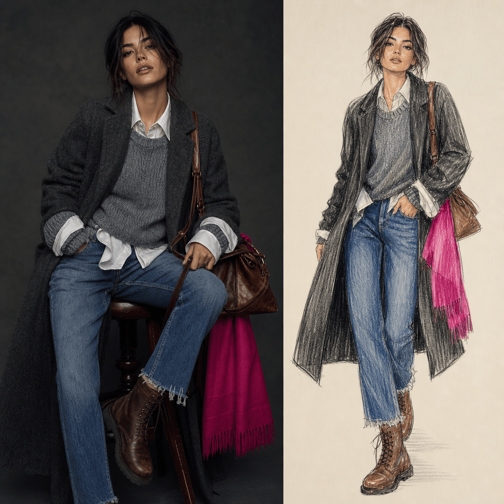 A casual layered outfit shown as a natural editorial photograph beside a colored-pencil fashion illustration. Denim, kni