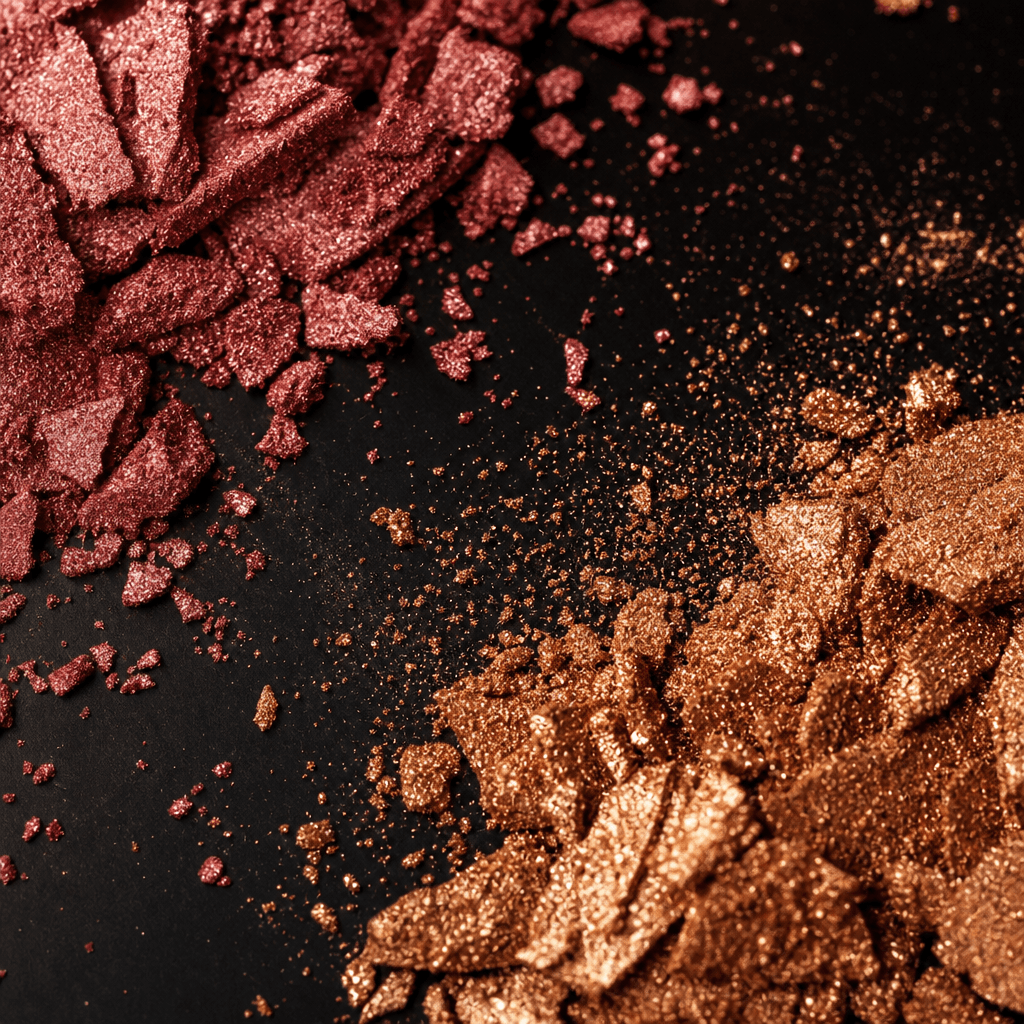 Abstract beauty texture macro: crushed eyeshadow pigment in deep rose and burnished bronze tones scattered across a matt