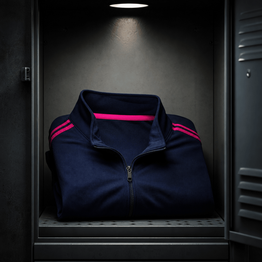 A folded athletic jacket in deep navy with hot pink accent tape inside an open steel locker, single overhead spotlight c
