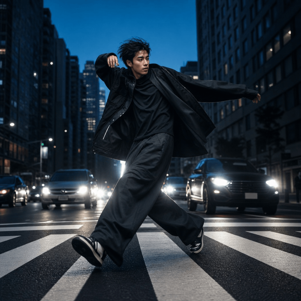 A streetwear dancer crossing a bold black-and-white pedestrian crossing at blue hour, oversized jacket, wide-leg trouser