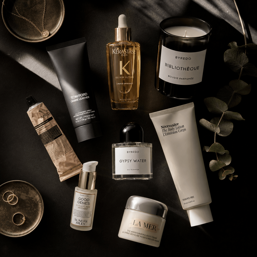 Overhead flat-lay of beauty and skincare products arranged artfully on dark surface with dramatic side lighting creating