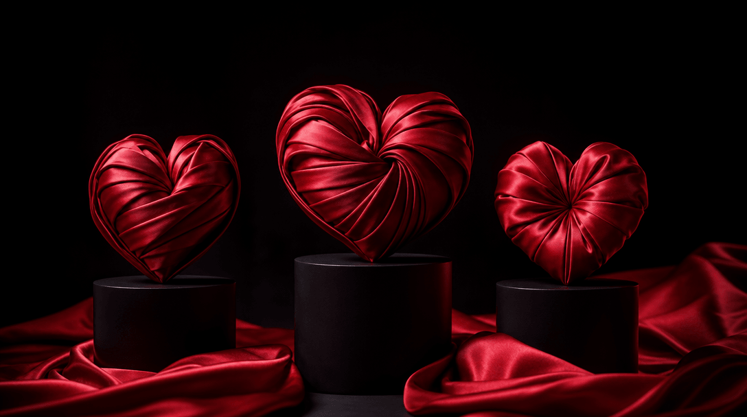A series of three heart forms made from folded satin arranged on black pedestals in a dark studio, consistent crimson pa