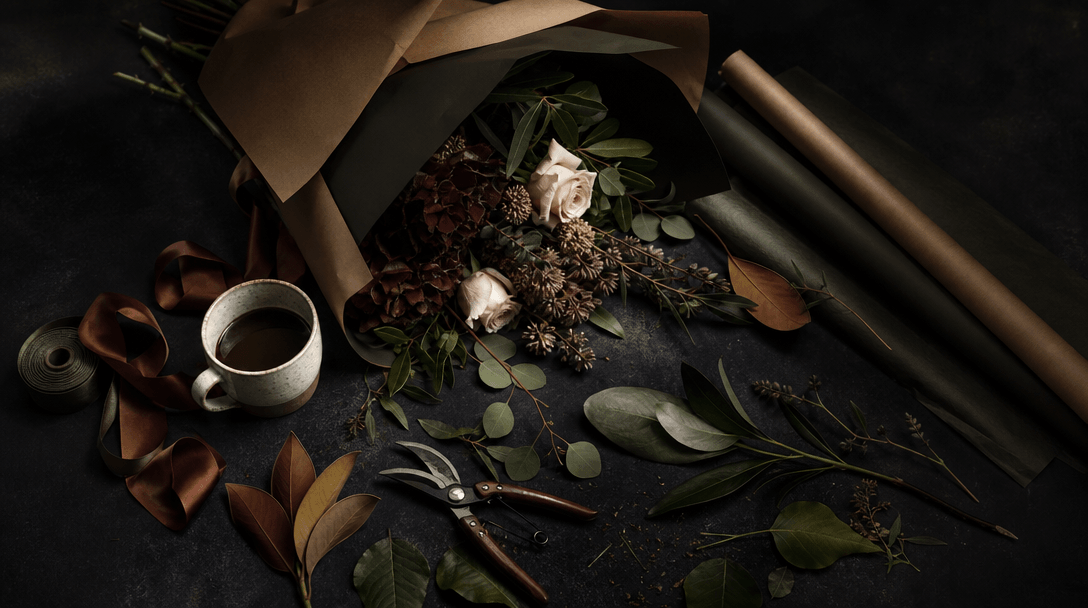 A deconstructed florist photoshoot arranged as an elegant still life: bouquet wrapping paper, ribbon, ceramic coffee cup