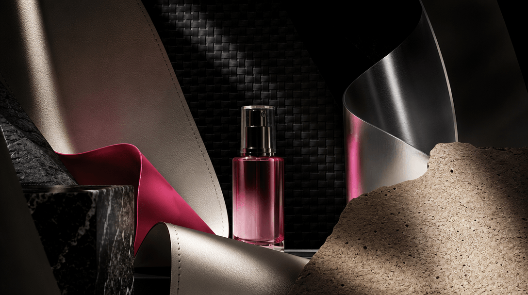 Abstract premium beauty still life combining translucent cosmetic glass, cream leather, black woven cabin fabric, and br