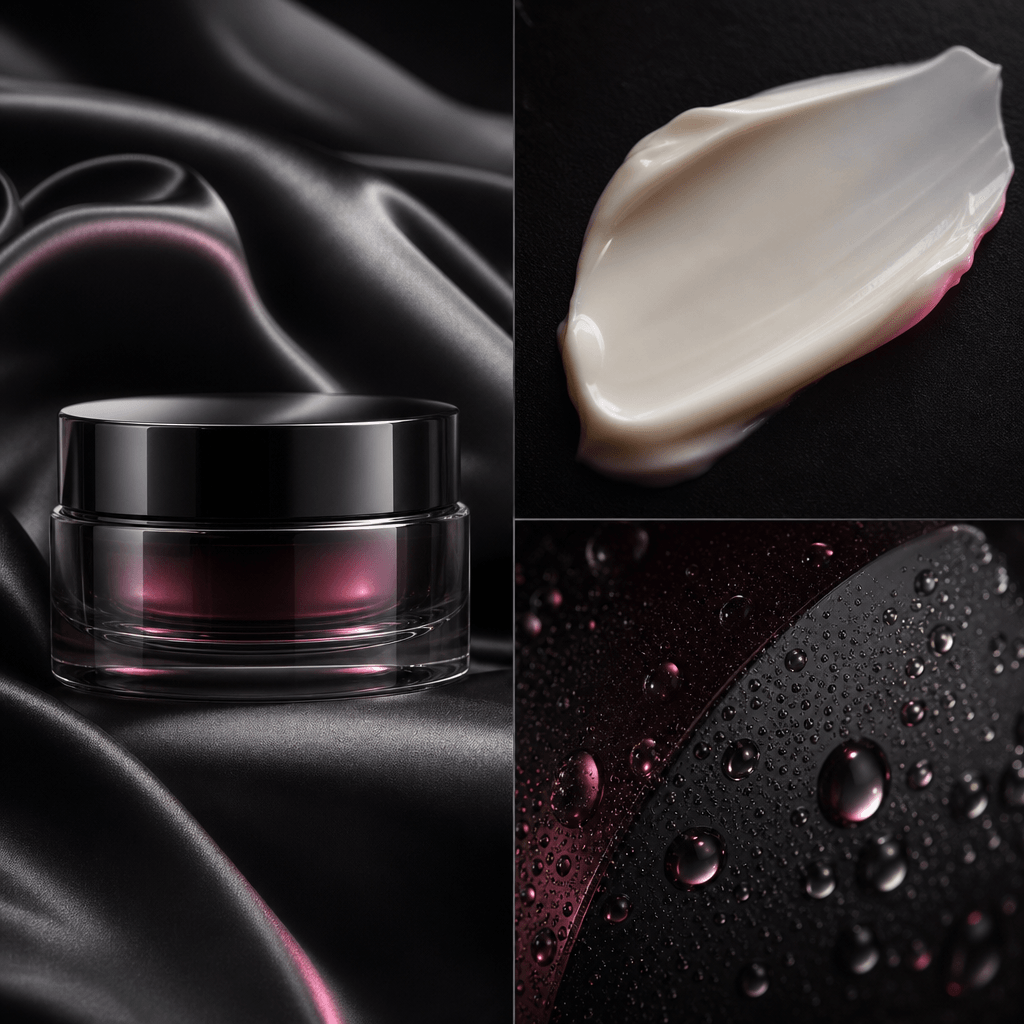 Luxury facial cream jar arranged in a square triptych-inspired composition with folded satin, a precise smear of cream, 