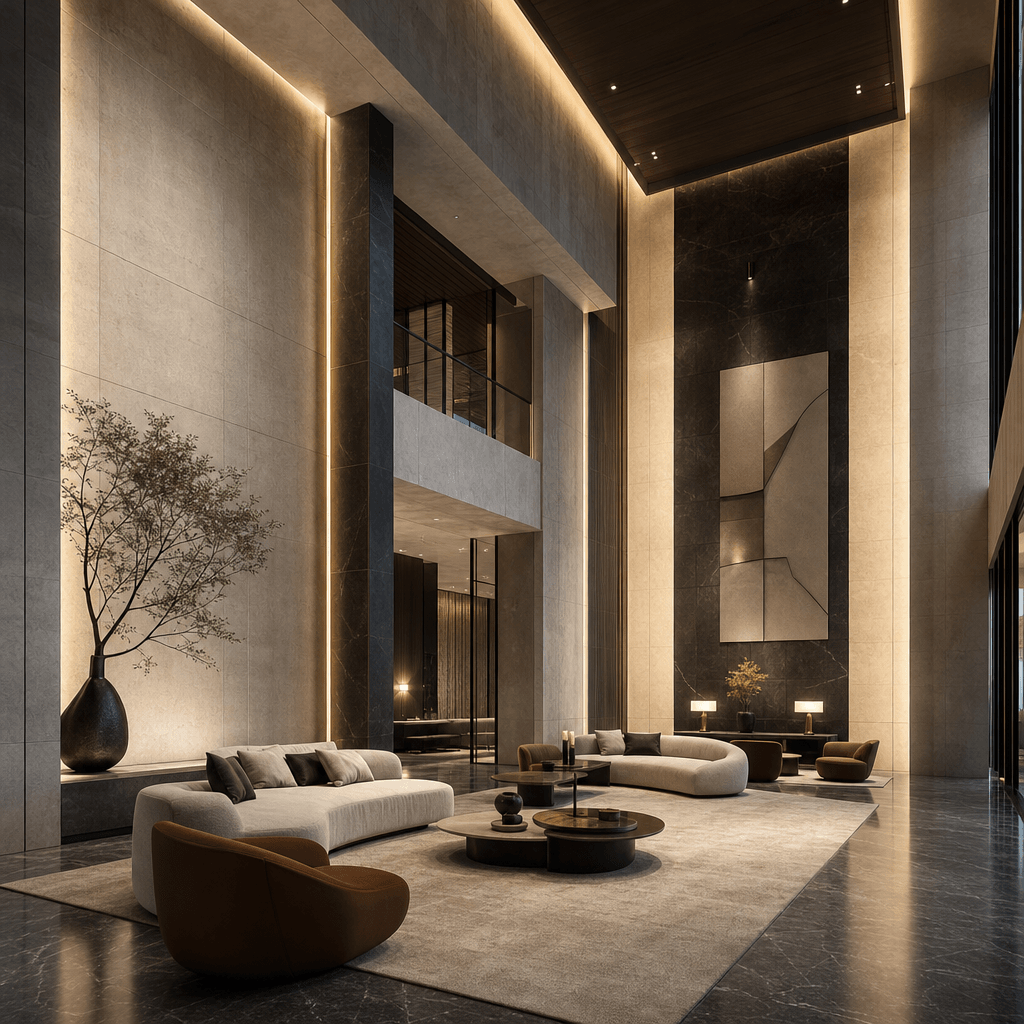 Luxury commercial lobby interior: soaring double-height ceiling, geometric stone cladding in cream and dark charcoal, cu