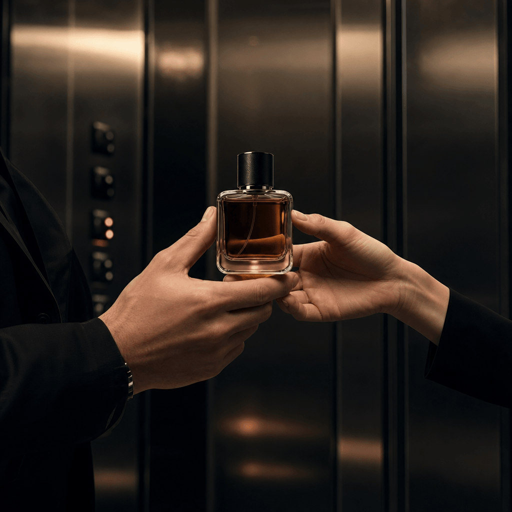 A compact fragrance bottle shared between two elegantly styled anonymous hands in a modern elevator, dark editorial fash