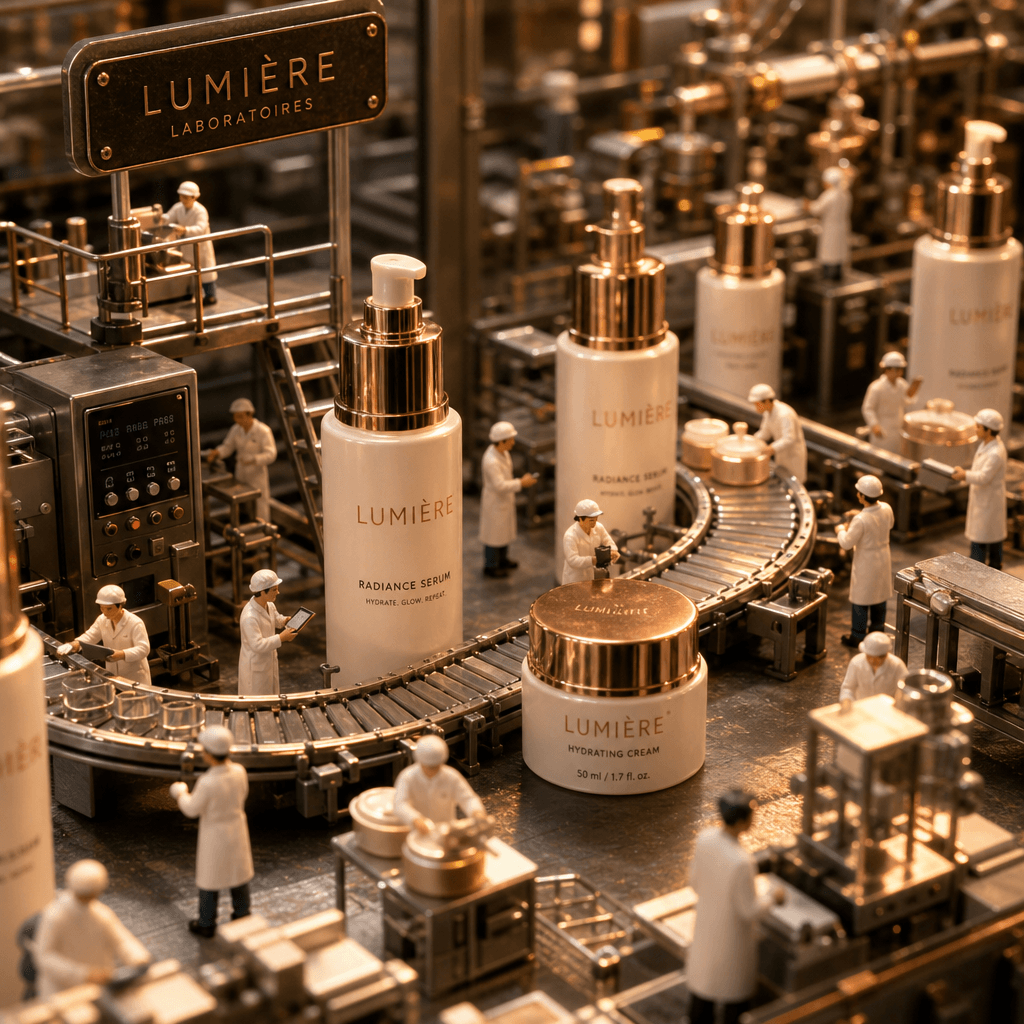 Miniature assembly line of beauty products with tiny figures, intricate macro detail, warm professional studio lighting,