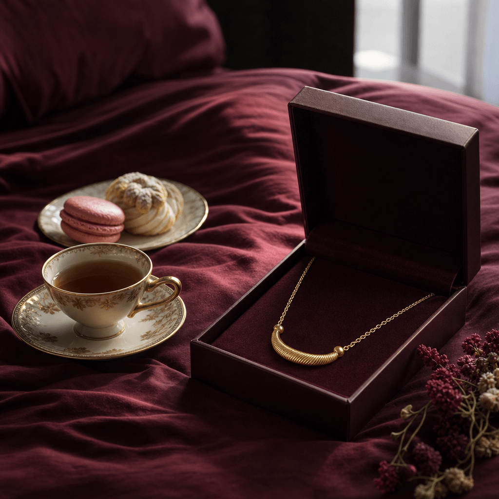 A fine jewelry box opened beside a porcelain teacup and delicate pastries on soft burgundy bedding, revealing a polished