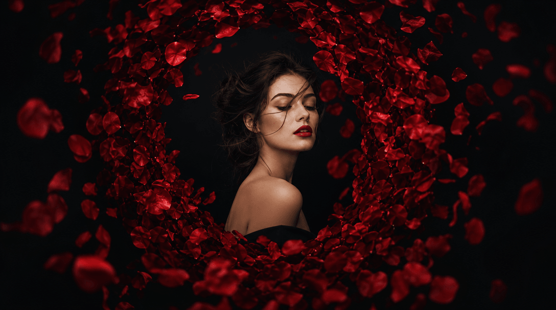 Red rose petals suspended in a controlled spiral through a near-black studio, each petal catching precise cinematic ligh