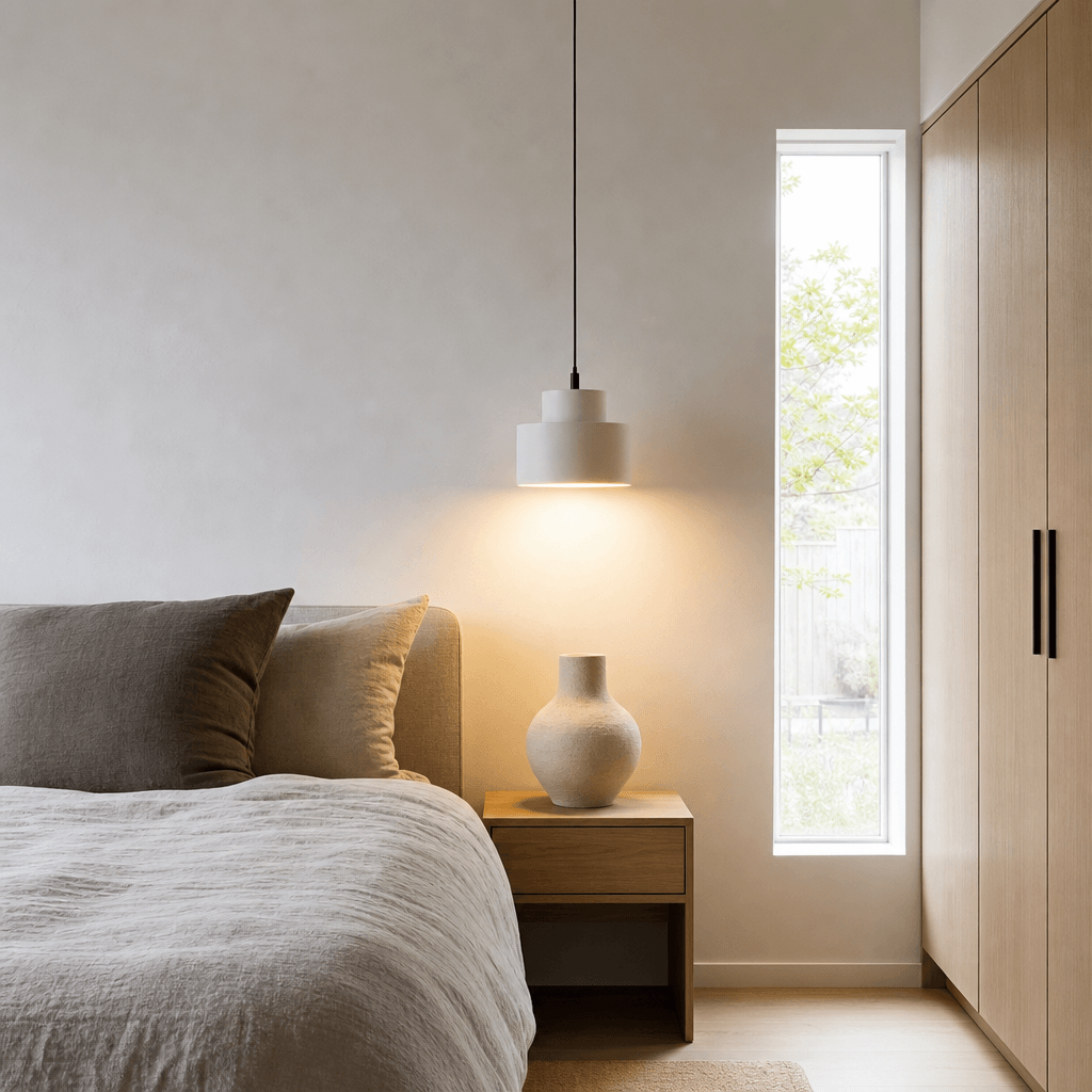 Photorealistic minimalist Scandinavian bedroom interior. White plaster walls, warm pendant light casting a soft halo, li