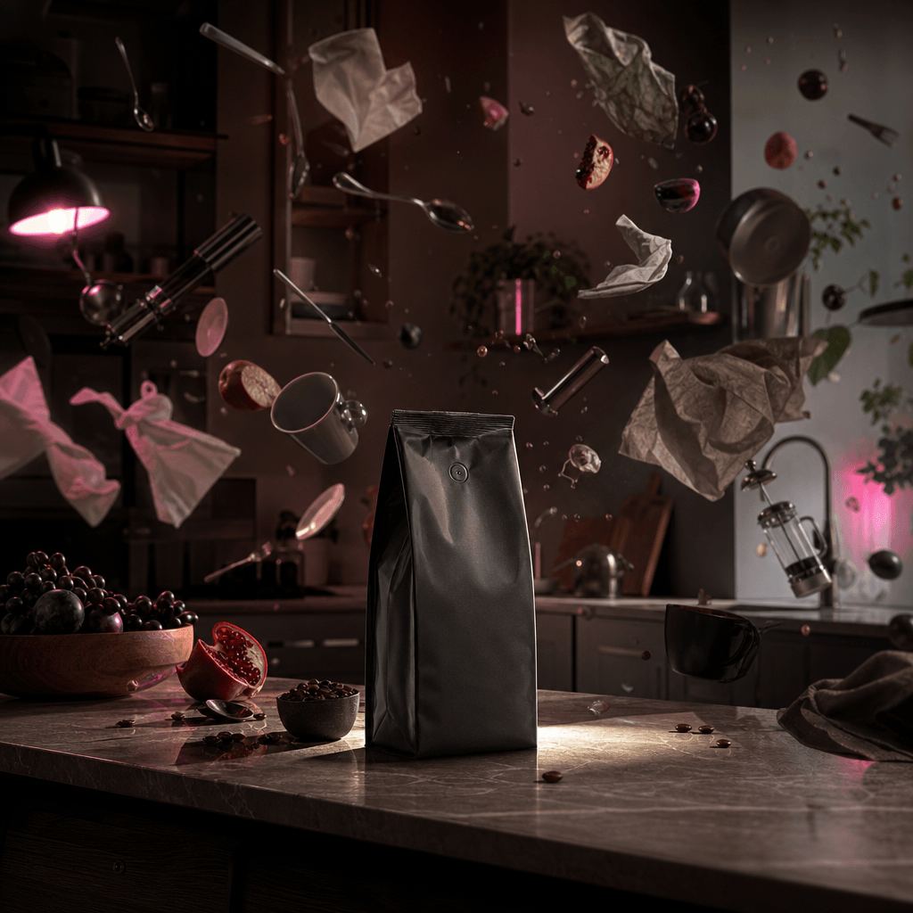 A premium coffee package standing untouched on a kitchen island while utensils, napkins, fruit, and lightweight objects 