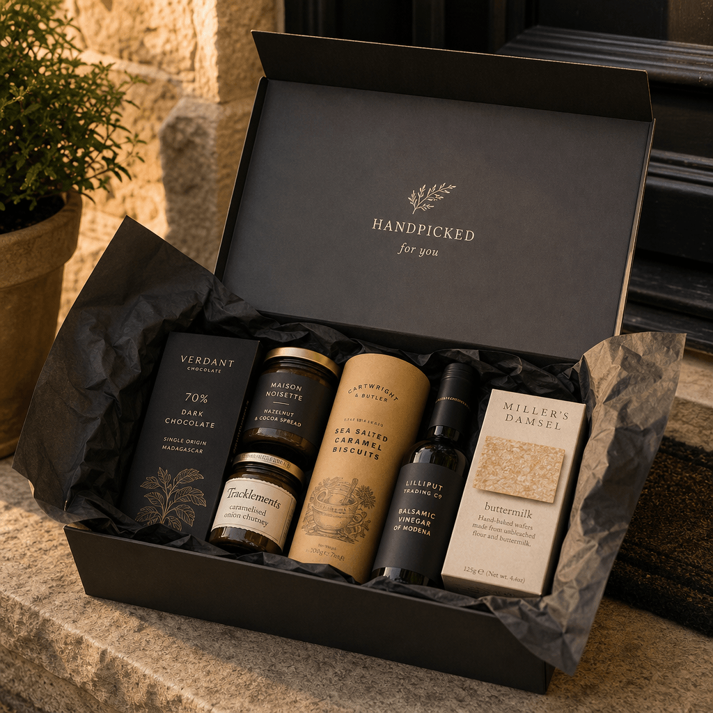 Lifestyle doorstep delivery composition: a premium gourmet food gift box opened on a textured stone doorstep, dark kraft