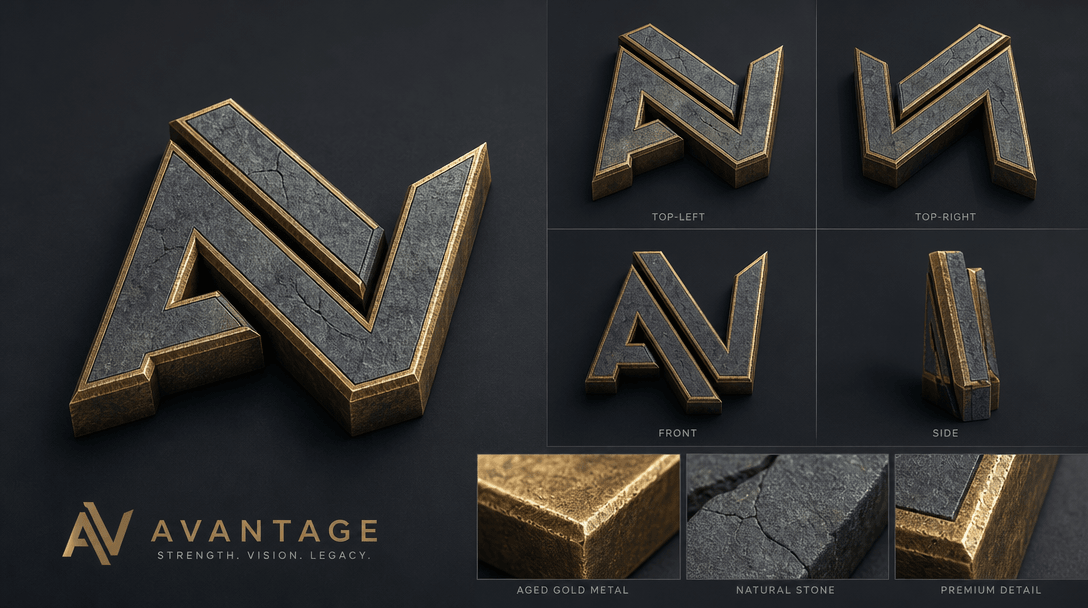 Textured logo rendered in 3D isometric view showing dimension and material properties from multiple angles